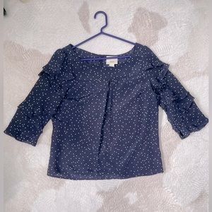 Maeve 100% silk flutter 3/4 sleeve blouse with small sea foam green polkadots